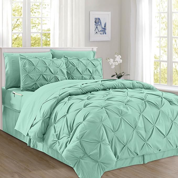 Elegant Comfort 8-Piece Pinch Pleated Comforter Set - All Season Complete Bed in a Bag, Includes 4pc Smart Sheet Set, Bed Skirt, Comforter, Matching Pillowcases and Shams, Full/Queen, Mint Green