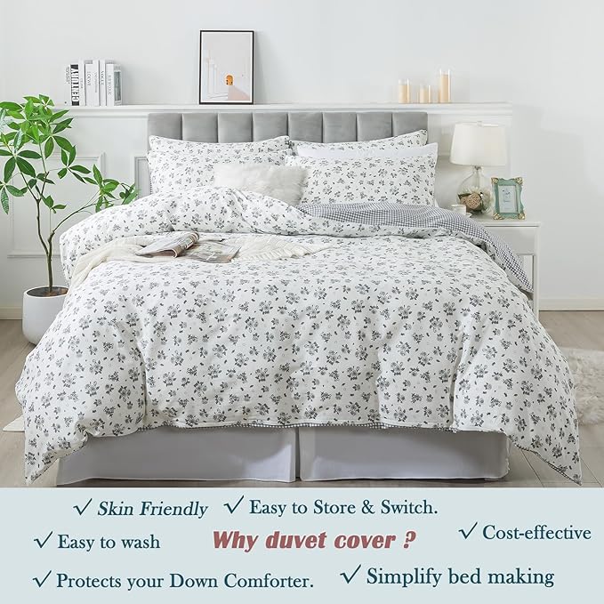 FADFAY Floral Duvet Cover Set Twin XL - 100% Cotton College Comforter Cover Set with Hidden Zipper - Grey Rose Flower Pattern - Soft Breathable Farmhouse Bedding for Dorm Room, School - 3 Pcs