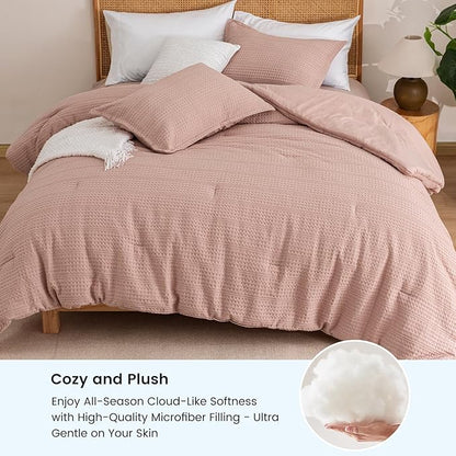 PHF Soft Waffle Comforter Set Twin Size- Comfy Breathable Waffle Weave Comforter with 1 Pillow Shams, 2 Pieces Less Snagging Lightweight Textured Bedding Set for All Season, Rose Pink