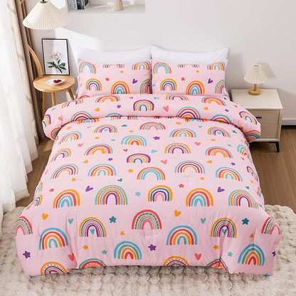 Btargot Lightweight Soft 3 Piece Rainbow Comforter Set with 2 Pillow Covers, Cartoon Love Hearts Flowers and Sun Moon Star Bedding Set for Girls Boys Kids, Twin Blush