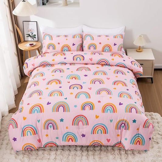 Btargot Lightweight Soft 3 Piece Rainbow Comforter Set with 2 Pillow Covers, Cartoon Love Hearts Flowers and Sun Moon Star Bedding Set for Girls Boys Kids, Queen Blush