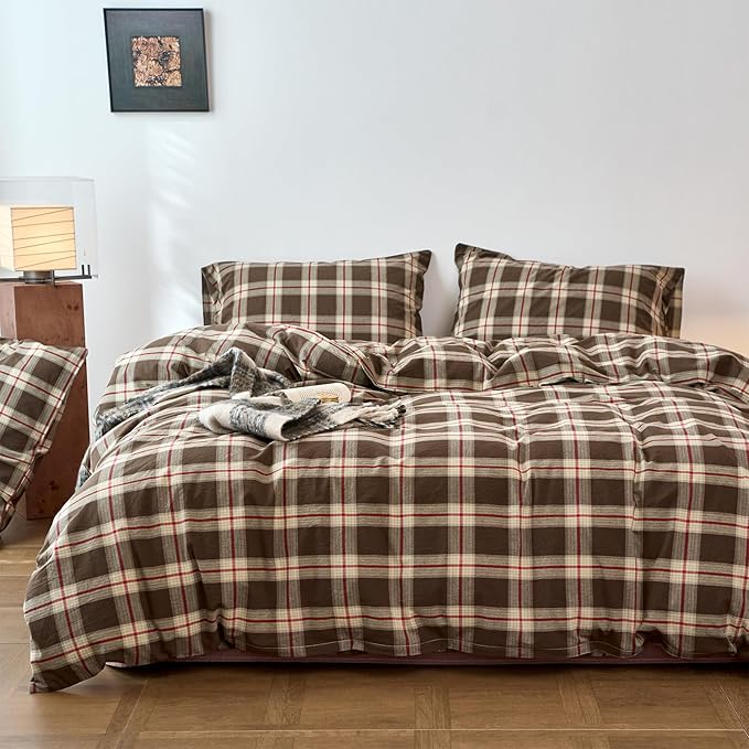 EAVD Vintage Brown Buffalo Plaid Comforter Set King Soft 100% Washed Cotton Brown&Red&Green Grid Checkered Bedding Set with 2 Pillowcases Retro Gingham Comforter Set for All-Season