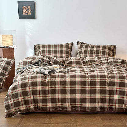 EAVD Vintage Brown Buffalo Plaid Comforter Set King Soft 100% Washed Cotton Brown&Red&Green Grid Checkered Bedding Set with 2 Pillowcases Retro Gingham Comforter Set for All-Season