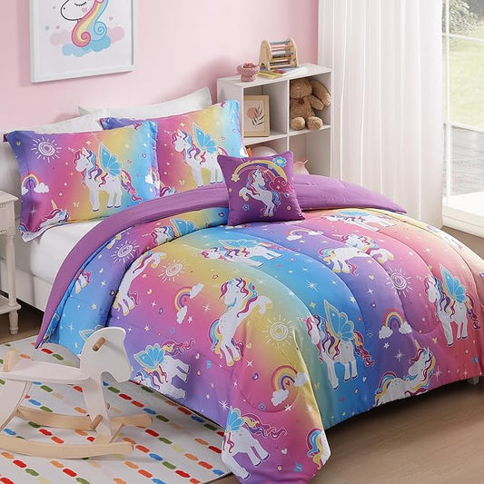 Full Size Comforter Set for Girls-4 Pieces Rainbow Unicorn Full Bedding Sets for Kids, 1 Comforter, 2 Shams and 1 Decor Pillow