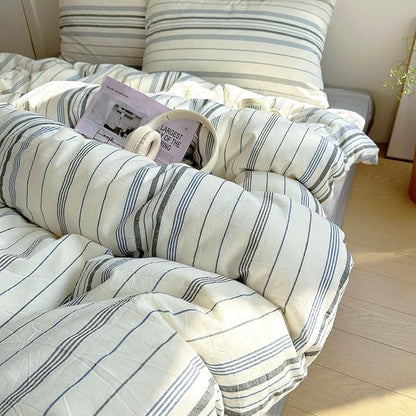 EAVD Vintage Blue Grey and White Striped Duvet Cover Queen Soft 100% Cotton Chic Stripes Bedding Set with 2 Pillowcases Retro Geometric Duvet Cover with Zipper Closure Corner Ties