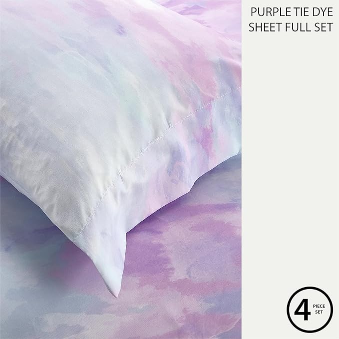 Heritage Kids 4-Piece Full Sheet Set – Purple Watercolor Tie Dye, Includes Top Sheet, Fitted Sheet & 2 Pillowcases, Soft & Comfortable Bedding for Girls’ Room or Teen Bedroom