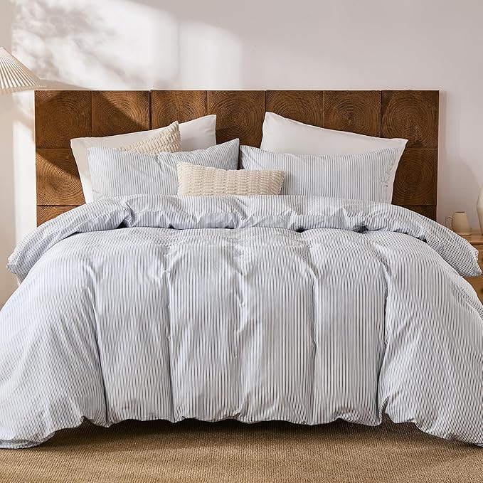 Merryword Striped Duvet Cover Set King Size - 100% Cotton Duvet Cover Set with Zipper Closure & 8 Corner Ties, Blue Pinstripe Bedding Set 3 Pieces, Soft Linen Like Bedding Set for All Seasons
