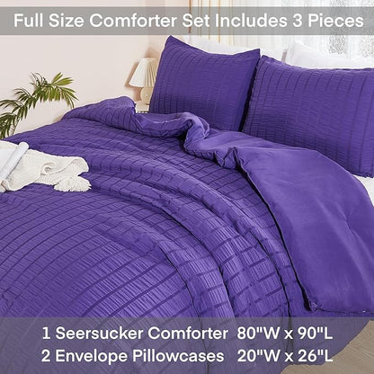 AveLom Dark Purple Seersucker Full Comforter Set (80x90 inches), 3 Pieces-Soft Washed Microfiber Lightweight Comforter with 2 Pillowcases, All Season Down Alternative Comforter Set for Bedding