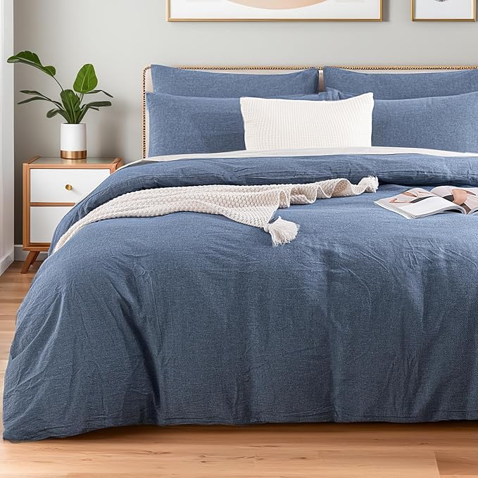 NEXHOME PRO Duvet Cover Twin 100% Washed Cotton, Organic Natural Linen Like Textured, Breathable, Durable, Home Bedding Set, Heathered Blue 6890
