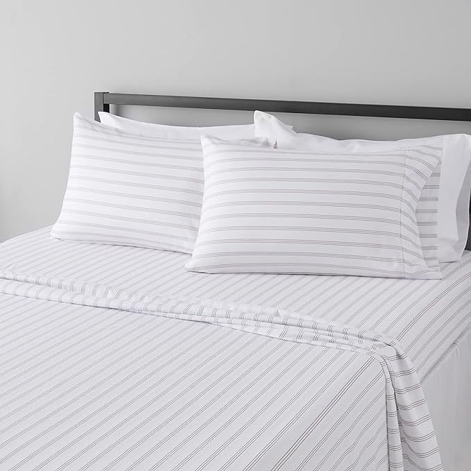 Amazon Basics Lightweight Breathable Brushed Microfiber 4-Piece Bed Sheet Set, Wrinkle Resistant with 14-Inch Deep Pockets, Queen, Taupe Stripe