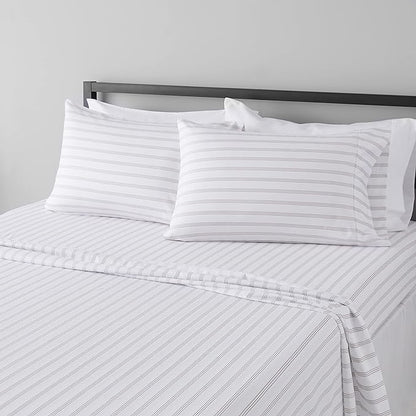 Amazon Basics Lightweight Breathable Brushed Microfiber 4-Piece Bed Sheet Set, Wrinkle Resistant with 14-Inch Deep Pockets, Queen, Taupe Stripe