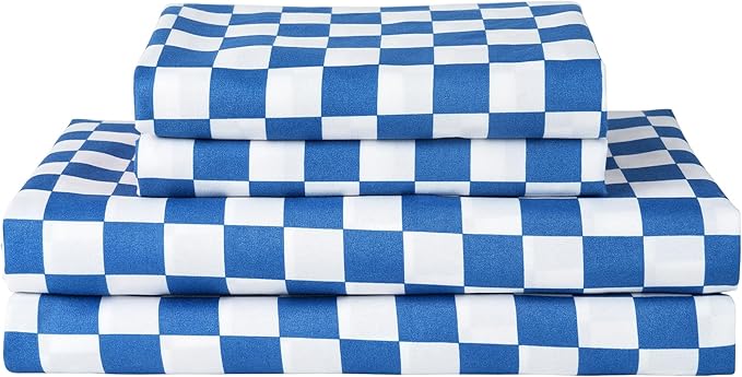 Bed Sheet Set 3 Piece -Twin Size-Soft Durable Microfiber Bedding Sheet Set,Deep Pocket,Stain,Fade & Wrinkle Resistant Blue and White Checkerboard Grid(Plaid Blue&White)