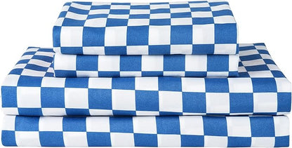 Bed Sheet Set 3 Piece -Twin Size-Soft Durable Microfiber Bedding Sheet Set,Deep Pocket,Stain,Fade & Wrinkle Resistant Blue and White Checkerboard Grid(Plaid Blue&White)