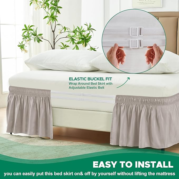 Biscaynebay Wrap Around Bed Skirts for King & Cal King Beds with 21" Drop, Camel Grey Adjustable Elastic Dust Ruffles Easy Fit Wrinkle Resistant Silky Luxurious Fabric Machine Washable