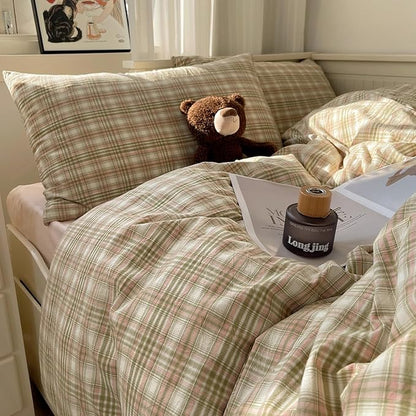 mixinni Full Comforter Set, Green Buffalo Plaid Bedding Set 3-Piece, Vintage Geometric Pattern, Lightweight & Fluffy Comforter, Soft Breathable Grid Bed Set for All-Season,(Green, Pink, White)