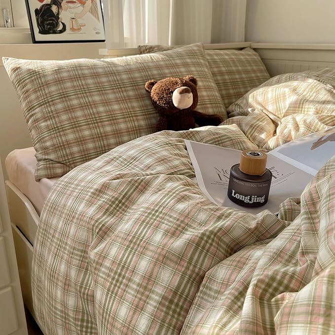 mixinni Twin XL Comforter Set, Green Buffalo Plaid Bedding Set 3-Piece, Vintage Geometric Pattern, Lightweight & Fluffy Comforter, Soft Breathable Grid Bed Set for All-Season,(Green, Pink, White)