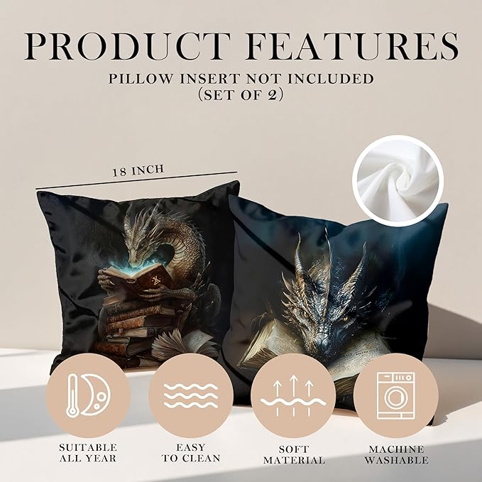 Vintage Magical Black Dragon Reading Book Decorative Throw Pillow Covers 18x18 Set of 2, Fantasy Room Decor for Kids, Gamers, and Bookworms,Reading Nook Decor, Gifts for Bookworm Readers