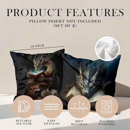 Vintage Magical Black Dragon Reading Book Decorative Throw Pillow Covers 18x18 Set of 2, Fantasy Room Decor for Kids, Gamers, and Bookworms,Reading Nook Decor, Gifts for Bookworm Readers