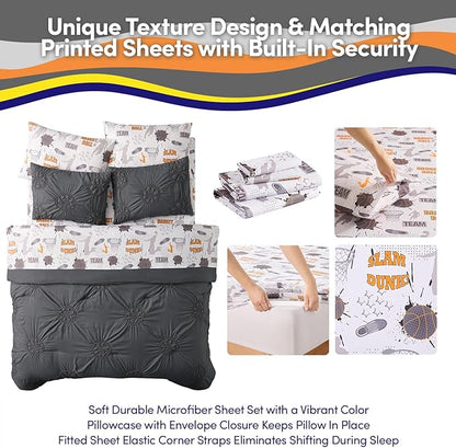 Basketball Pintuck Comforter Set Full Size – Bed in a Bag with Sheets, Pillowcases & Shams – Soft Stylish Sports Bedding – All Season Boys Basketball Bed Set