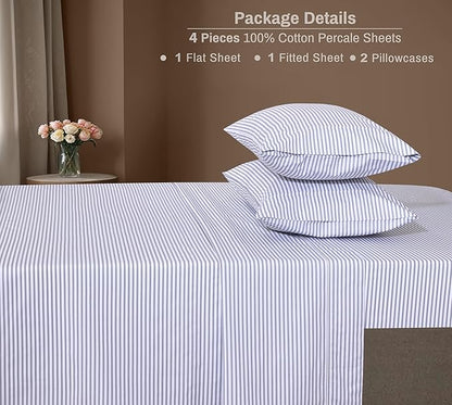 ZOYER 100% Cotton Sheets – Full Size Percale Bedding, Cooling & Breathable, Durable with a Crisp, Soft & Comfortable Feel, 16" Deep Pocket, 4-Piece Set, Grey Stripe