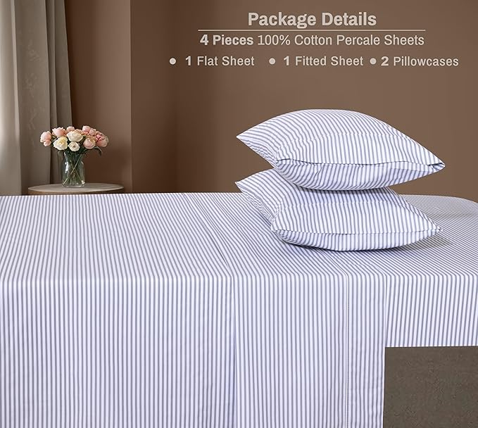 ZOYER 100% Cotton Sheets – Queen Size Percale Bedding, Cooling & Breathable, Durable with a Crisp, Soft & Comfortable Feel, 16" Deep Pocket, 4-Piece Set, Grey Stripe