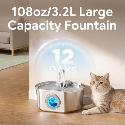 Cat Water Fountain Stainless Steel: 108oz/3.2L Cat Fountain for Drinking | Pet Water Fountain Inside - Automatic Dog Watering Dispenser Bowl - Pet Feeding & Watering Supplies - Water Level Window