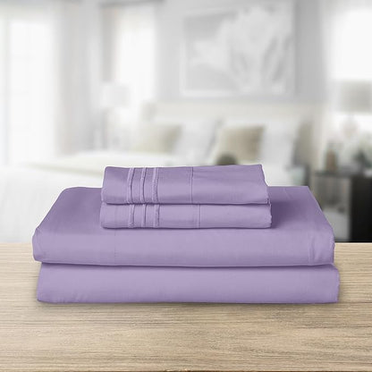 Elegant Comfort Luxurious 1500 Premium Hotel Quality Microfiber Three Line Embroidered Softest 4-Piece Bed Sheet Set, Wrinkle and Fade Resistant, King, Lavender