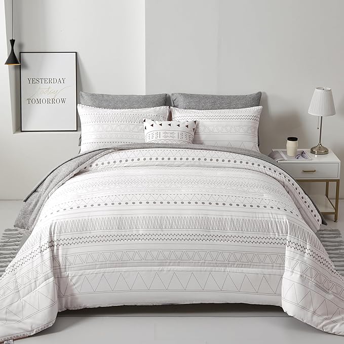 WONGS BEDDING Boho Geometric Comforter Set Full Size,7 Pieces White Grey Stripe Bed in a Bag Comforter for All Season Bohemian Complete Bed Set with Pillowcases & Shams,Sheets Soft Microfiber