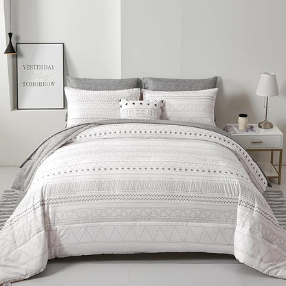 WONGS BEDDING Boho Geometric Comforter Set Full Size,7 Pieces White Grey Stripe Bed in a Bag Comforter for All Season Bohemian Complete Bed Set with Pillowcases & Shams,Sheets Soft Microfiber