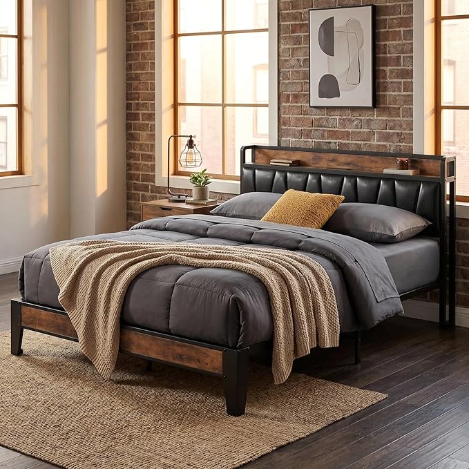 LIKIMIO Full Size Bed Frame, Storage Headboard with Charging Station, Solid and Stable, Noise Free, No Box Spring Needed, Easy Assembly (Vintage and Black)