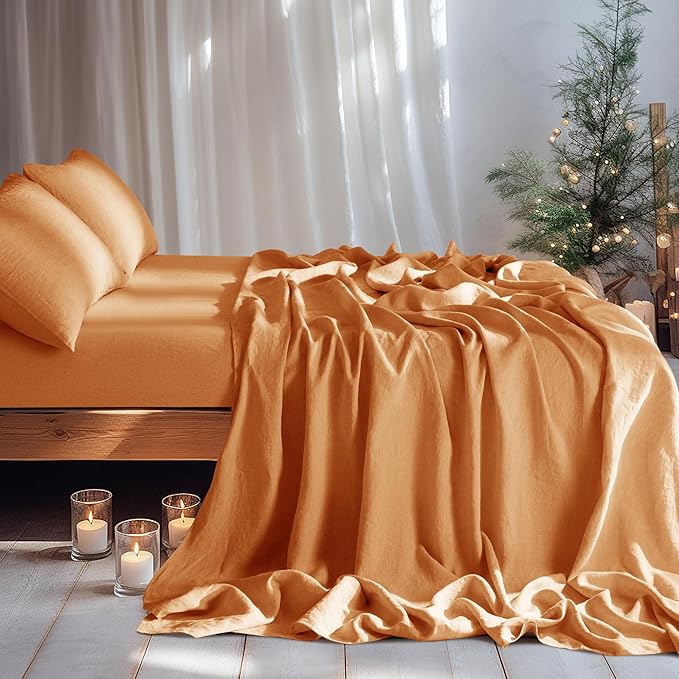 LBRO2M 100% Pure Linen Sheet Set Deep Pocket Up to 16" Bed Sheets Sets, Natural Flax Beddings Soft, Breathable, Comfortable for All Seasons 4 Pcs Sheet Set Queen Size, Orange