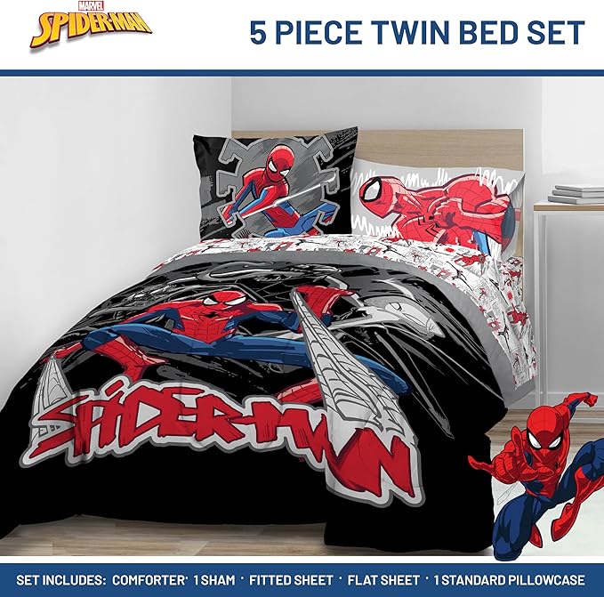 Jay Franco Kids Comforter Set Includes Sheets and Pillow Covers - Soft and Cozy Bed Set for Stylish Room Decor, Black - Spiderman, 5 Piece Twin Bedding