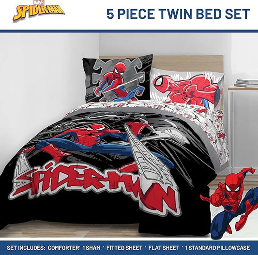 Jay Franco Kids Comforter Set Includes Sheets and Pillow Covers - Soft and Cozy Bed Set for Stylish Room Decor, Black - Spiderman, 5 Piece Twin Bedding