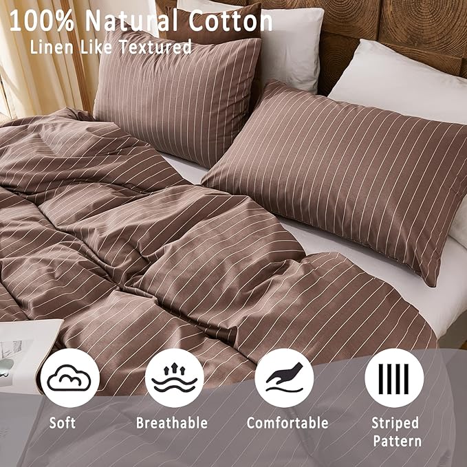 Merryword 100% Cotton Duvet Cover Set King Size, Brown Pinstripe Bedding Set with 2 Pillowcases, Soft Breathable Comforter Cover, Natural Cotton Linen Like Bedding Set for Cozy Home Bedroom