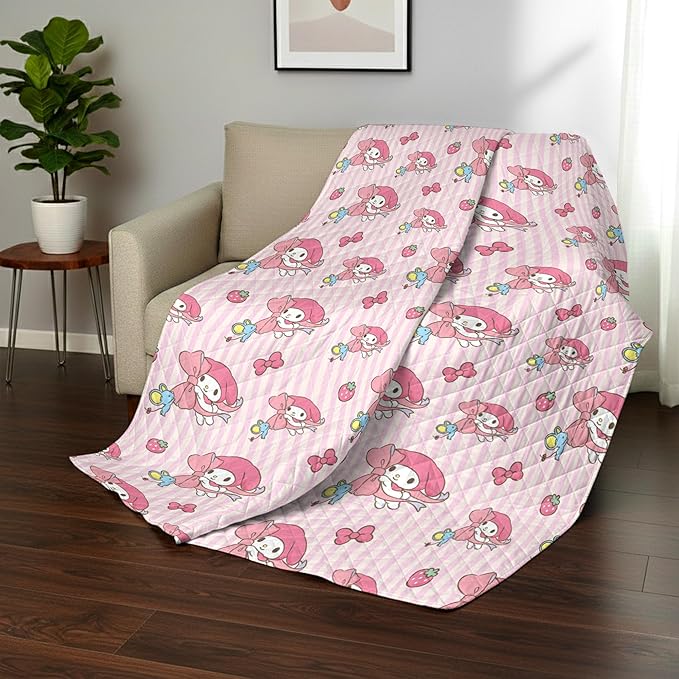 Northwest Sanrio My Melody Stripes Quilted Throw, Kawaii Comfy Reversible Throw, Gift for Anime Fans, Soft & Cozy for Chair or Couch, 60 x 80 inches