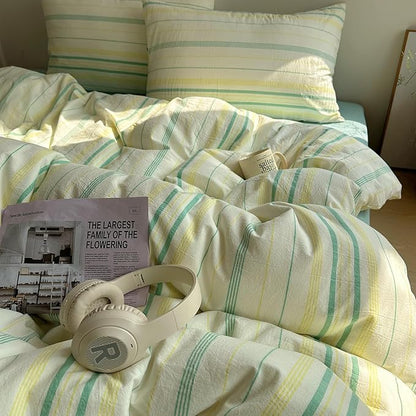 EAVD Vintage Striped Comforter Set Full Soft Cotton 3-Piece Boho Bedding Set with 2 Pillowcases Retro Yellow-Green Vertical Stripes Geometric Comforter Set for All-Season