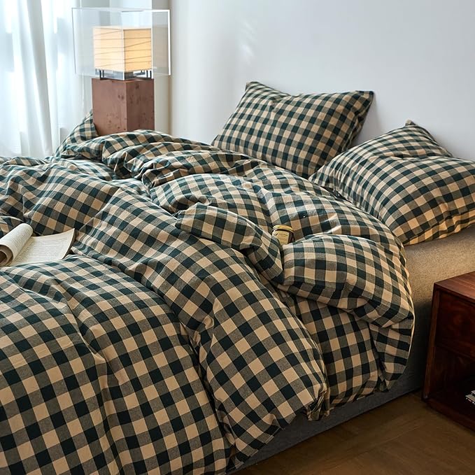 EAVD Vintage Style Beige&Green Plaid Duvet Cover Set Full 100% Washed Cotton Like Linen Feel Soft Grid Checkered Bedding Set with 2 Pillowcases Farmhouse Geometric Pattern Duvet Cover with Zipper