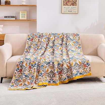 Boho Blanket Throw Quilt, 100% Cotton Soft Light Weight Throw Blankets for Summer, 90"x98" Farmhouse Flower Decorative Blankets, All Season Rustic Reversible Bohemian Throw Quilt