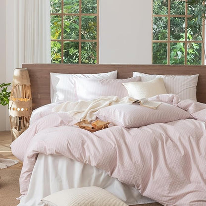 MooMee Striped Duvet Cover Set 100% Washed Cotton Linen Like Textured Breathable Durable Soft Comfy (Heathered Greyish Pink White Wide Stripes, Queen 90"x90")
