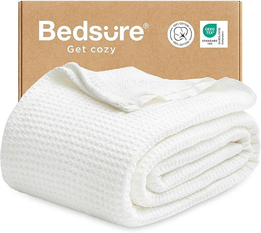 Bedsure Gentlesoft 100% Cotton Blanket Full Size for Bed - Cooling Breathable and Soft for Spring Summer, Thick Cozy Waffle Weave Cooling Blanket Gifts for Women, White, 80x90 Inches
