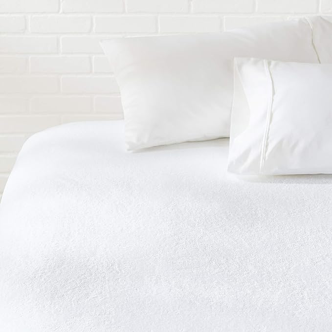 Amazon Basics Waterproof Breathable Mattress Protector, Full Size, 18 inch Deep, Machine Washable, White