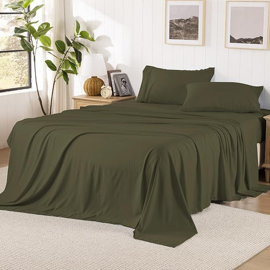 ROSE&RISY King Size Sheet Set, Pre-Washed Microfiber Cotton-Like 4 Pcs Ultra Soft Bedding Set King, Breathable Cooling Skin-Friendly All Seasons, 1 Fitted, 1 Flat, 2 Pillowcases (Dark Green, King)