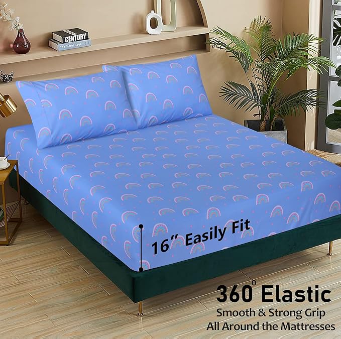 RUVANTI 100% Cotton Sheets – Queen Size Percale Bedding, Cooling & Breathable Floral Design, Durable with a Crisp, Soft & Comfortable Feel, 16" Deep Pocket, 4-Piece Set, Baby Rainbow