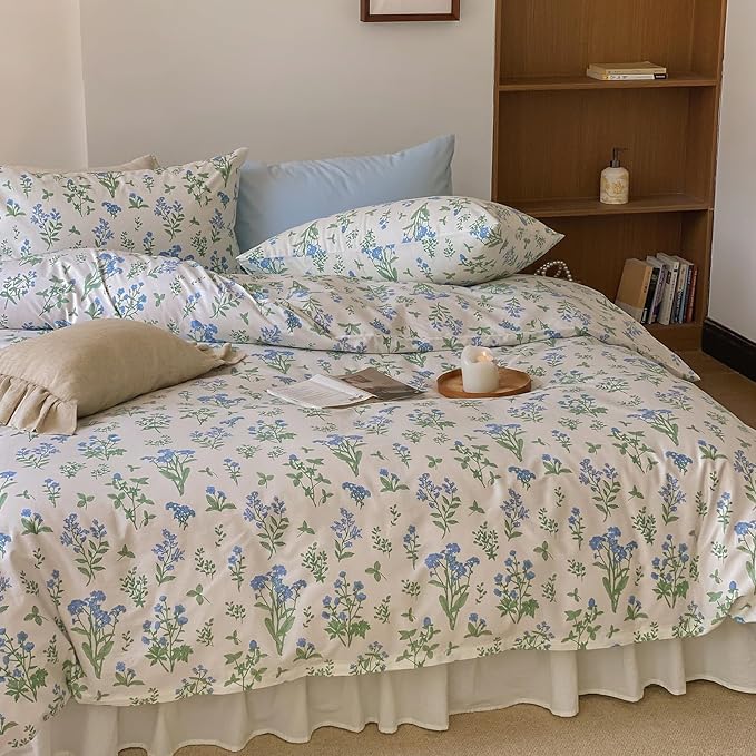 HighBuy Full Comforter Set Blue Floral Bedding Comforter Set Full White for Girl Green Botanical Coquette Bedding Set Bed Comforter with 2 Pillowcases,Boho Comforter Sets Garden Bedding Sets
