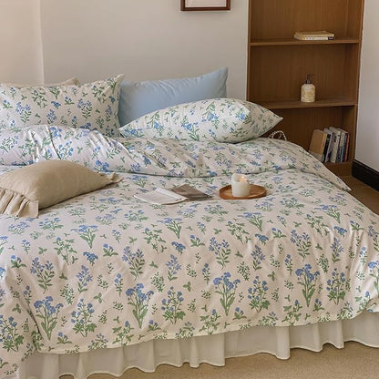 Vintage Queen Comforter Set Blue Floral Bedding Comforter Set Queen for Girl Women White Comforter Sets with Green Botanical Coquette Aesthetic Bedding Comforter Sets,1 Comforter and 2 Pillowcases