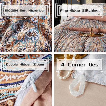 Gold Duvet Cover Set,5 PCS Medallion Paisley Print Comforter Cover Set,Bohemian Pattern Bedding Set,Vintage Style Flower Duvet Cover,Soft Reversible Design(Paisley,Queen)