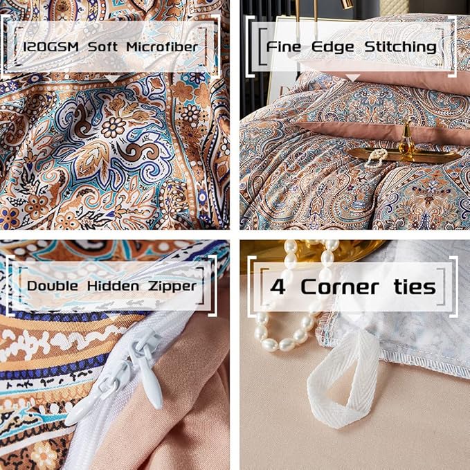 Gold Duvet Cover Set,5 PCS Medallion Paisley Print Comforter Cover Set,Bohemian Pattern Bedding Set,Vintage Style Flower Duvet Cover,Soft Reversible Design(Paisley,King/California King)