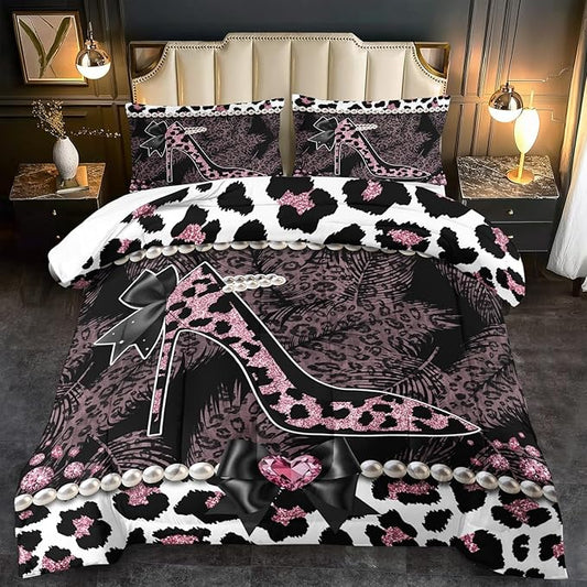 Sexy High Heels Leopard Print Comforter Set Full GirlsRed Cheetah Print Bedding Set Women High Heels Leopard Comforter Animal Quilt Bedroom Decor Cheetah Bedding Bed Decor