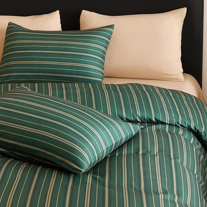 CLOTHKNOW Striped Comforter Set California King Green Bedding Comforter Sets Farmhouse Soft Ticking Comforter with 2 x Pillow Cases