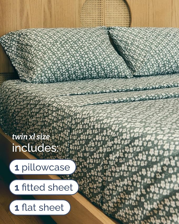 Floral Sheets - Green Floral Bed Sheet Set - 1 Flat, 1 Fitted & 1 Pillowcase w/ Deep Pockets - Comfy, Wrinkle & Fade Free - Boho Botanical Bedding - Ultra-Soft, Breathable & Cooling - Twin XL Size Set